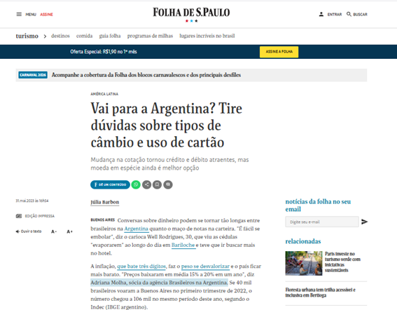 Matéria para Folha de São Paulo - Turismo na Argentina